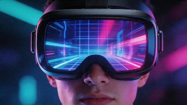 Close-up of a person wearing a virtual reality VR headset with vibrant neon digital reflections on the visor, showcasing futuristic technology, metaverse concepts, immersive gaming, and AI.