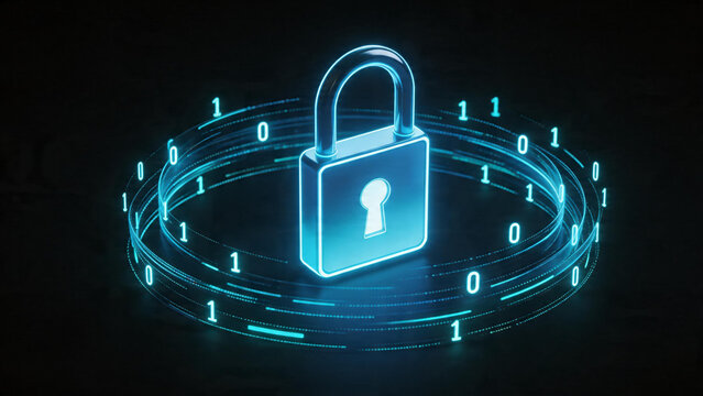 Cybersecurity Concept Featuring a Glowing Digital Padlock Surrounded by Abstract Binary Data Streams on a Dark Background, Symbolizing Network Security, Data Protection, and Internet Privacy.