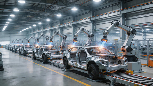 Automated Robotic Arms Welding Car Chassis on a Modern Electric Vehicle Assembly Line in a Bright Industrial Factory, Showcasing Advanced Manufacturing Technology and Automotive Engineering.