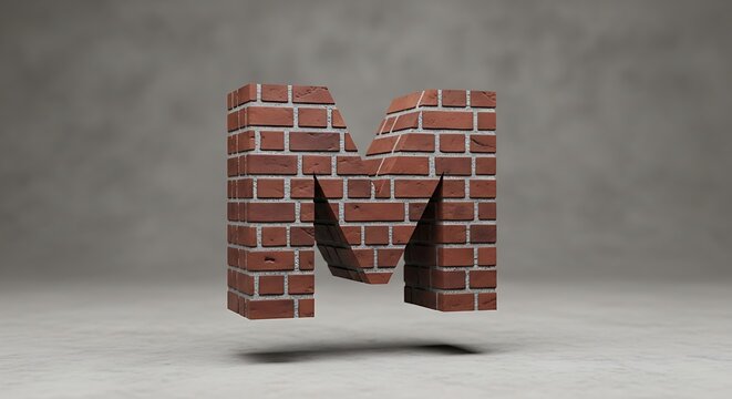 Brick letter m floating isolated on a neutral background 3 d render