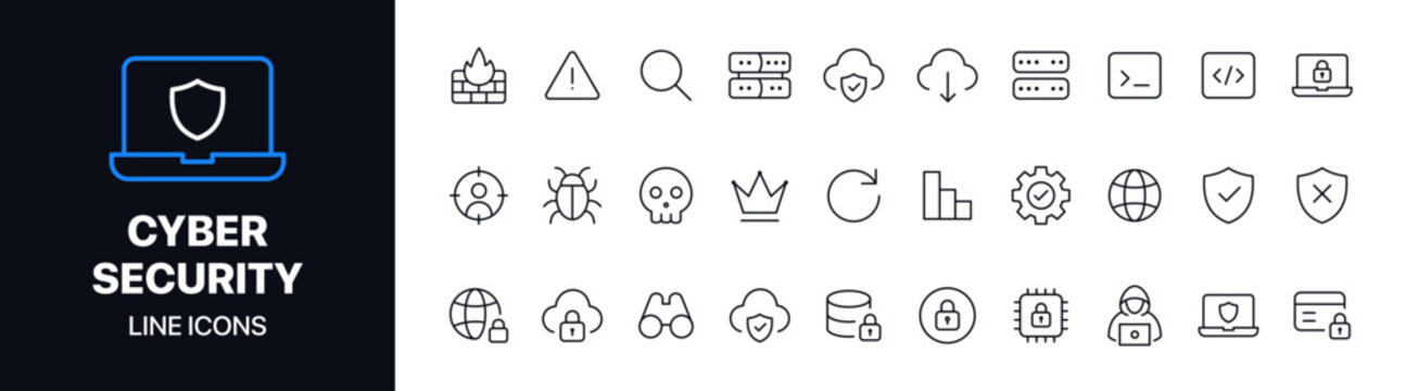 Cyber security line icons set featuring minimal vector symbols, modern outline style, and clean design. Perfect for apps, UI design, web security projects, tech interfaces, and digital branding.