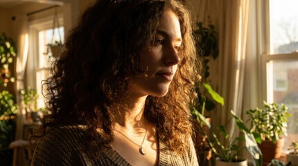 Fototapeta premium young woman with curly hair illuminated by sunlight in a room with plants