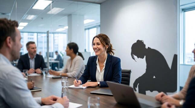 A smiling businesswoman in a meeting casts a slumped shadow on the wall. Useful for workplace stress, burnout, mental health, and corporate wellness campaigns.