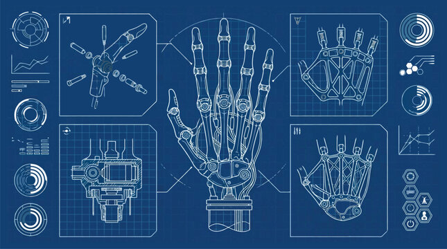 Robotic hand blueprint with mechanical joints and gears.