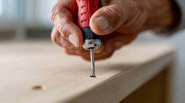 Senior man hand using screwdriver drilling hole into wooden furniture Closeup of carpenter working on home improvement project, repair, or DIY construction Concept of craftsmanship, skill, and precisi