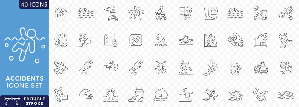 Accidents icon set. Outline Icon Collection. Fully Editable. Vector illustration.