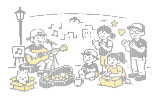 Hand-drawn street musician performing for a crowd, outdoor busker playing acoustic guitar, urban city life vector illustration with happy audience