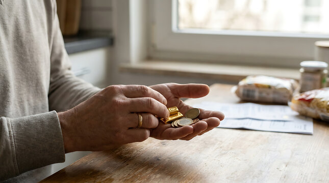 An elderly man holds gold coins in his hands on a wooden table.
