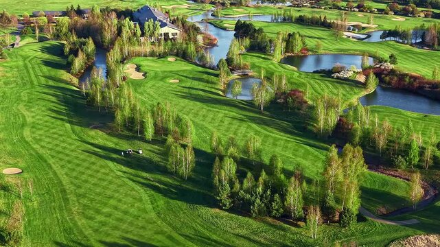 Aerial golf course with lakes and artificial water design