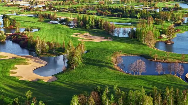 Peaceful golf course landscape with water features