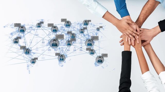 Hands of diverse individuals joining together over a digital network map with connections, social interaction, and communication symbols in a collaborative environment Sigmoid