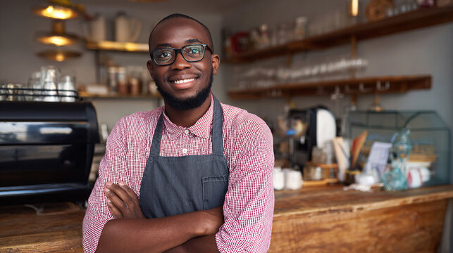 African American man barista wearing glasses and apron standing in coffee shop, smiling with arms crossed Professional small business owner working in cafe, concept of hospitality, service, and succes