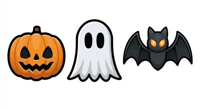 Halloween icon set featuring a carved orange jack o lantern pumpkin a white ghost character and a black bat with glowing yellow eyes isolated on a plain white background