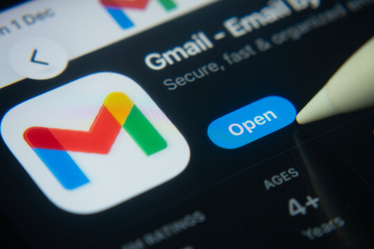 Dhaka, Bangladesh- 01 Dec 2025: A close-up of the gmail app icon in the App Store on an iPad screen.