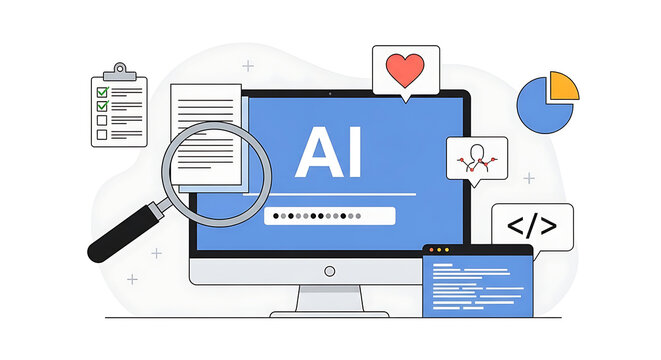 A computer screen displays AI information with a magnifying glass on code in a technology workspace with various icons.