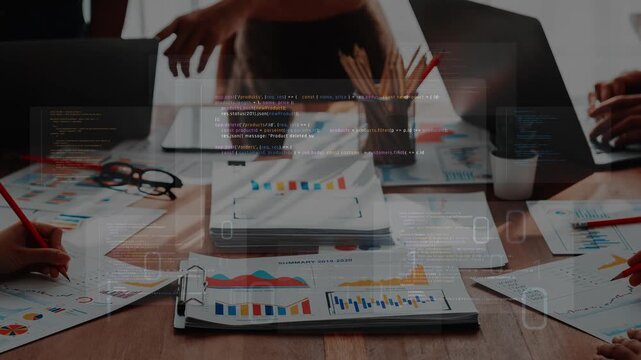 Diverse team engages in a strategic business meeting, analyzing data and discussing future growth. Charts and reports create an atmosphere of collaboration and innovation. Raster