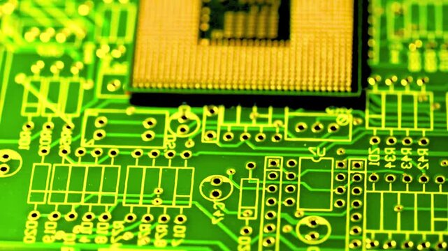 Close-up of gold microprocessor mounted on green circuit board with electronic components