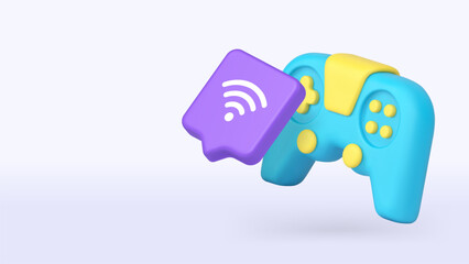 Minimalist 3d banner with cartoon gamepad and wifi icon. Vector illustration for online gaming and cloud streaming. Modern design for esports promotions and web entertainment © provectors