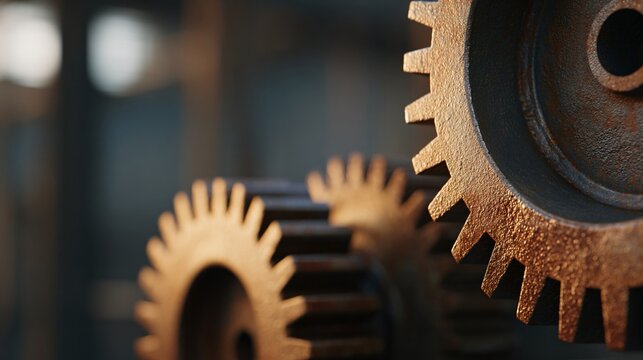 Industrial gears in warm factory environment close-up shot cinematic texture and detail
