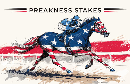 Preakness Stakes Racehorse and Jockey Racing with American Flag Stars and Stripes Illustration

