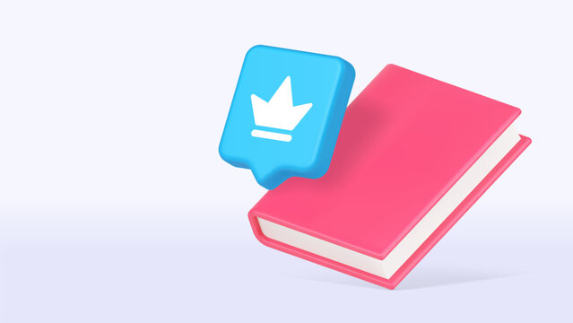 3d book with crown icon for premium education and bestseller concepts. Cartoon vector illustration for e-learning and online library access. Minimalist banner template for exclusive content