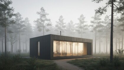 Obraz premium Modern eco cabin sits in a misty pine forest landscape