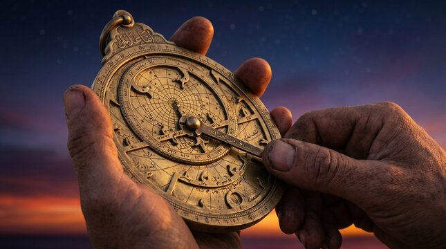 Hands holding an antique brass astrolabe against the starry Solstice twilight sky