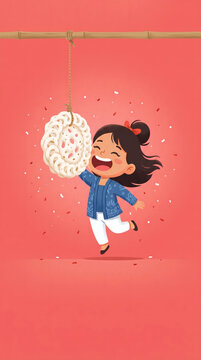 Adorable flat vector of a young girl in traditional kebaya participating in a cracker eating contest (lomba makan kerupuk) to celebrate Indonesia's Independence.