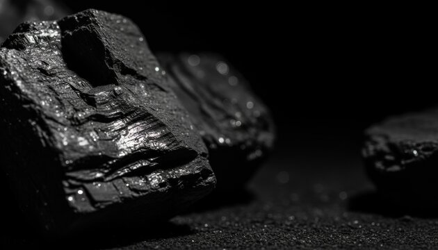 Black coal chunks resting on a dark textured background surface
