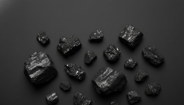 Black coal pieces arranged on a dark grey seamless background