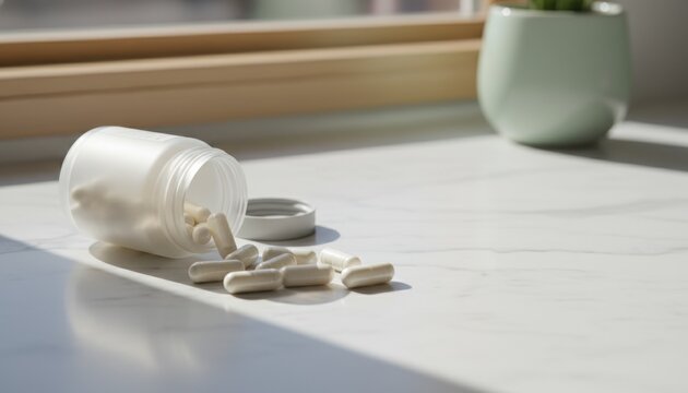 Magnesium glycinate supplement capsules spilled from a white plastic bottle