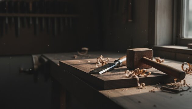 Carpentry tools resting on a wooden workbench in a workshop