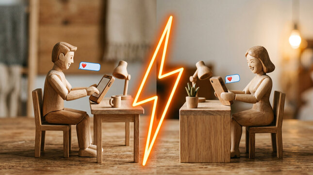 Two wooden mannequins flirting via text messages on a smartphone separated by a lightning bolt symbol, conceptual illustration of long-distance relationship, online dating, and digital communication 