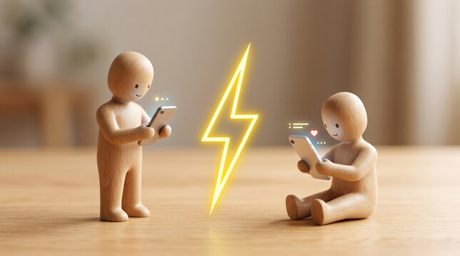 Two wooden mannequins flirting via text messages on a smartphone separated by a lightning bolt symbol, conceptual illustration of long-distance relationship, online dating, and digital communication 
