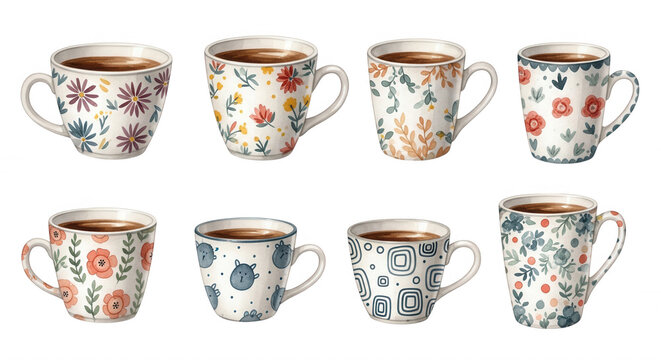 Set of eight ceramic coffee mugs with various floral, geometric, and botanical patterns in colorful hand-painted style on a black background