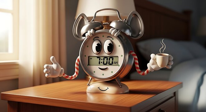 Cartoon alarm clock with coffee cup on nightstand daytime concept