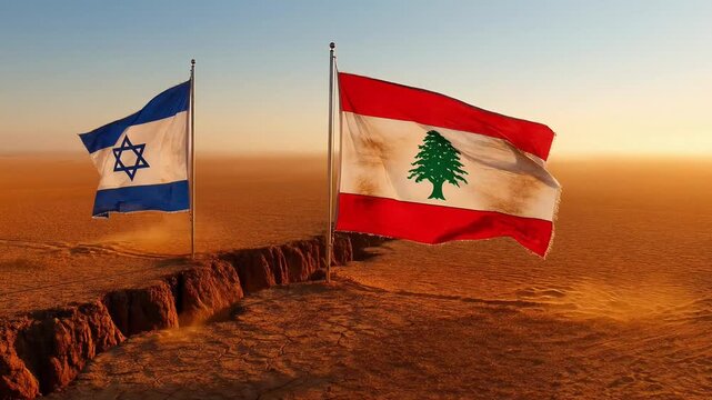 dramatic concept showing deep crack in ground between flags of israel and lebanon in desert video illustrates political rift international tension and border crisis