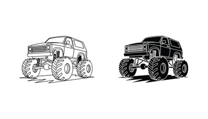 Minimalist monster truck icon set featuring outline and solid black shapes for racing and off-road automotive branding isolated on white background © Serene