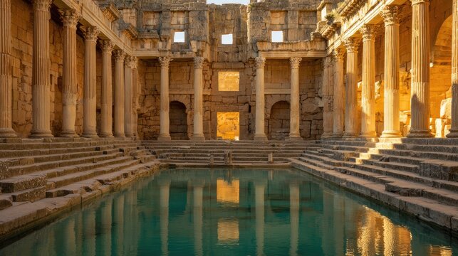 domus. Sunlight streams into an ancient Roman atrium, illuminating a square impluvium pool. real-estate listings, architecture portfolios, designed for interior renovation comparisons for interiors.