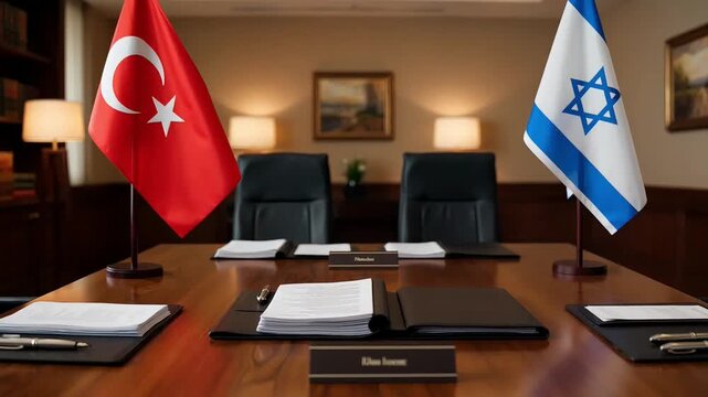 conceptual video of a meeting room with national flags of turkey and israel on a wooden table symbolizing international diplomacy, political crisis and bilateral negotiations between countries.