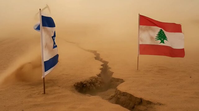israel and lebanon flags are separated by a crack in the ground in the desert against a backdrop of oil rigs. a conceptual image of deep divisions, geopolitical rift and resource struggle.