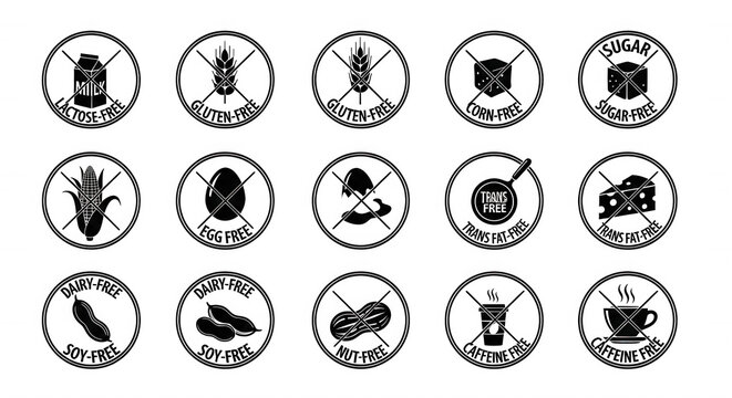 Set of fifteen circular food allergen warning with crossed out silhouettes of peanuts, wheat, fish, shellfish, eggs, and dairy products