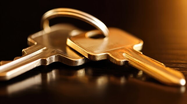 handover. Close-up of a house key resting on an elegant surface, new beginning symbol. lifestyle magazines, social media lookbooks, designed for influencer and brand collaborations.