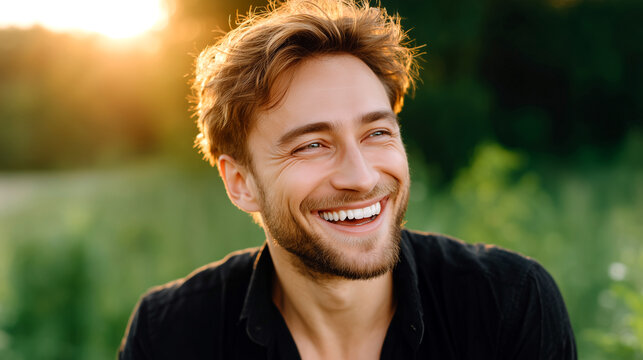 Man Smiling in Golden Hour Sunlight, Outdoors