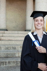 Naklejka premium Woman wearing graduation gown and cap holding diploma with blue ribbon on right steps, copy space