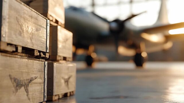 Crates are stacked in an airport hangar as workers load them onto an airplane. The sun sets, casting a warm light through the windows. Activity fills the space