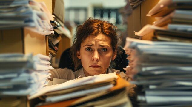 Stressed woman overwhelmed by stacks of paperwork in a cluttered office environment, showing frustration and fatigue.