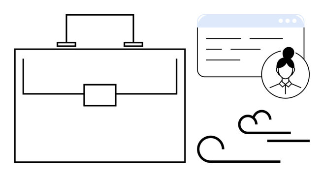 Business, career, user profiles, workflow trends, corporate solutions, digital interface. Briefcase alongside user identity and document icon with minimalist design. Business and career