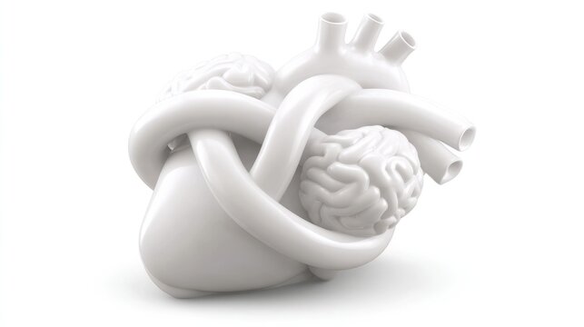 interconnection. An anatomical heart and brain sculpture intertwined with a knot, symbolizing the connection of mind and body. STEM education sheets.