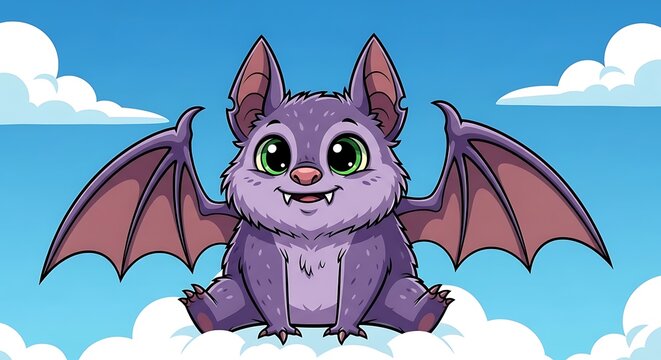 Cartoon bat character with large wings and open pose against a cloudy sky